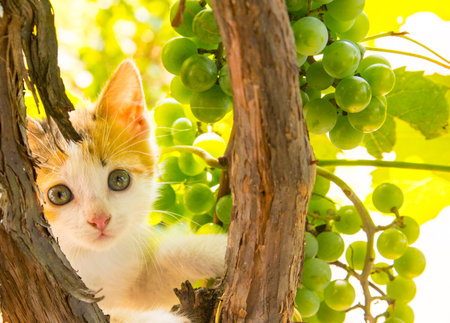 Ginger kitten climbing a vine, close up, copy spaceの写真素材