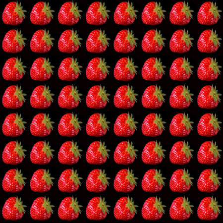 Strawberry berries laid out in a line, isolated on a black background, reticulated pattern, pattern,...