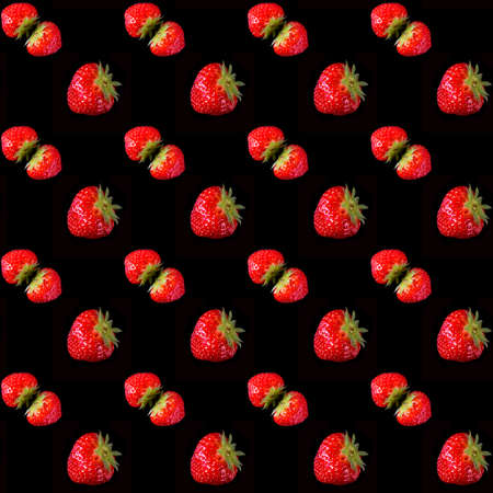 Strawberry berries laid out in a line, isolated on a black background, reticulated pattern, pattern, template, bannerの写真素材
