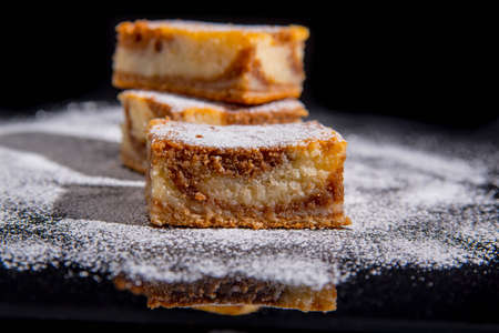 Besquit, cake on a black background, sprinkled with powdered sugar, dark and light layer of beckett...