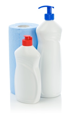 big and small spray with paper towel isolated on white backgroundの写真素材