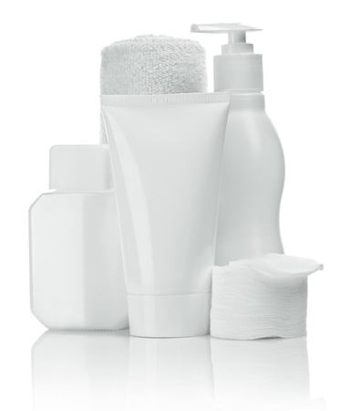 bottles tubes pads and towel for skincareの写真素材