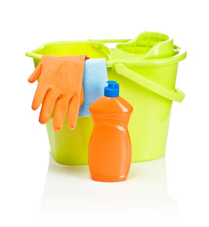 bucket with bottle glove and rugの写真素材