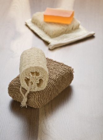massager brush and soap on bastの写真素材