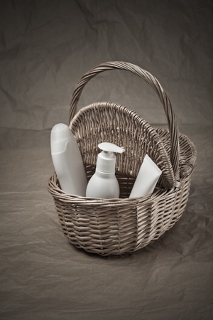 basket with bottles and tubeの写真素材
