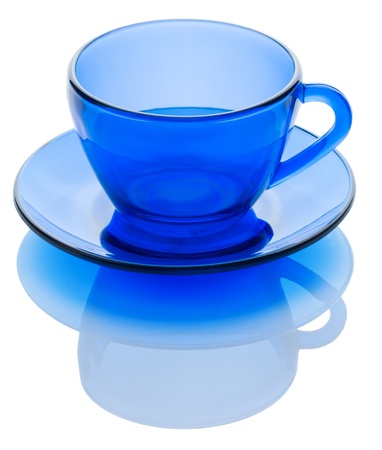 blue cup on the sauser isolatedの写真素材