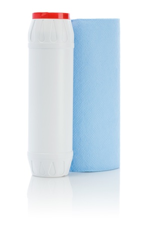 blue paper towel and white bottleの写真素材