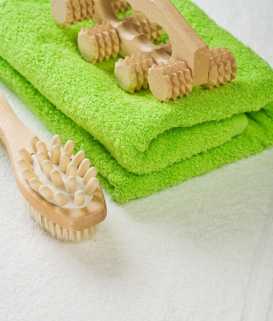 brush and massager with cotton towelの写真素材