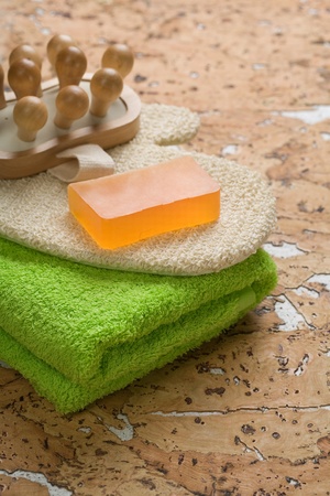 outfit for bathing on cork woodの写真素材
