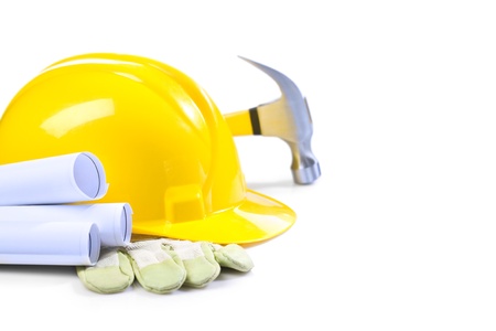 helmet glove blueprints and hammer isolatedの写真素材