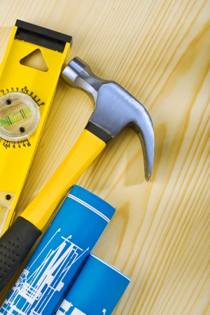 level hammer and blueprintsの写真素材