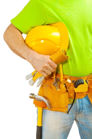 worker holding helmet in handの写真素材