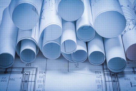 Collection of blueprint rolls construction conceptの写真素材