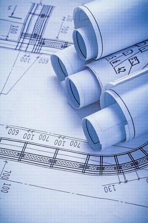 stack of rolls blueprints close upの写真素材