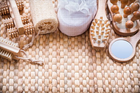 Healthy lifestyle collection of objects on wicker texture sauna conceptの写真素材