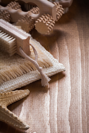 Refreshment sauna composition on pine vintage wood background heの写真素材