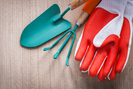 Rubber red safety gloves hand shovel and gardening rake on wooden board agriculture concept.の写真素材