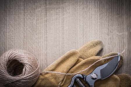 Leather gardening gloves sharp pruning shears and hank of string on wood board agriculture concept.