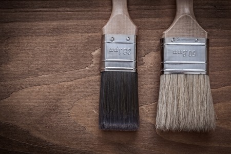 Two paintbrushes with wood handles and bristle horizontal version.