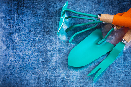 Weeding scoop, hand spade, rake gardening hoe on metallic background.の写真素材
