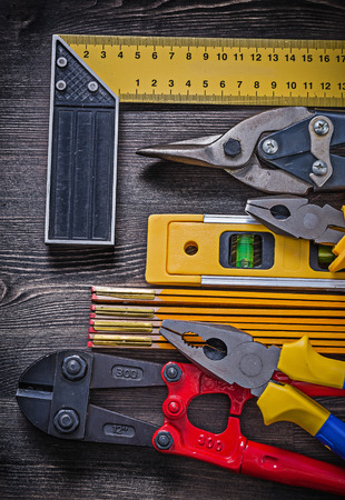 Composition of construction tooling on wooden board maintenance concept.の写真素材