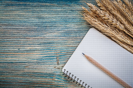 Wheat rye ears copybook pencil on wood board food and drink concept.の写真素材