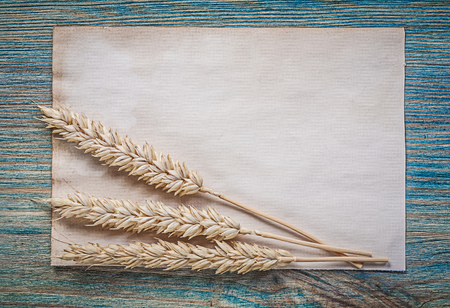 Golden wheat rye ears vintage sheet of paper on wooden board.の写真素材