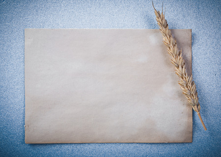 Wheatear vintage paper on blue background top view.の写真素材