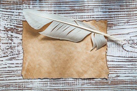 Old blank sheet of paper feather on vintage wood board.の写真素材