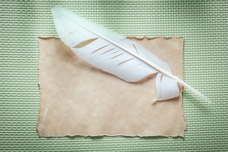 Vintage paper sheet plume on green background top view.の写真素材