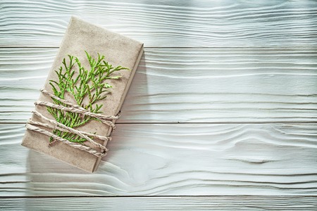Packed corded handmade gift box with thuya branch celebrations concept.の写真素材