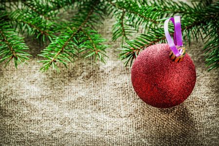 Pine tree branch Christmas bauble on sacking background.の写真素材