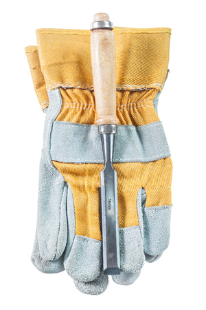 Safety gloves firmer chisel isolated on white.の写真素材