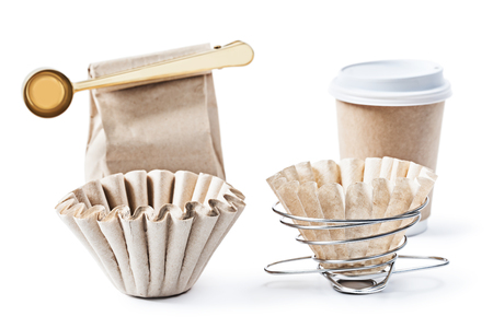 set of coffee accessories papercup paper filter paperbag dripperの写真素材
