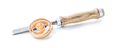 woodworking cjissel with wooden handle and wood curled shaving isolated on white