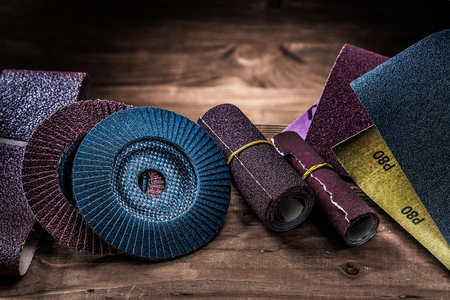 sandpapers set on vintage  woodの写真素材
