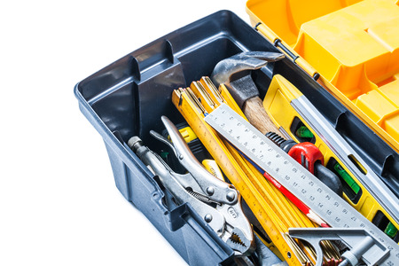 close up view tools in toolbox isolated