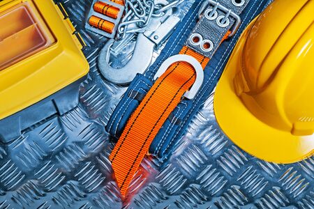 tool box helmet safety harness  on corrugated sheet 
