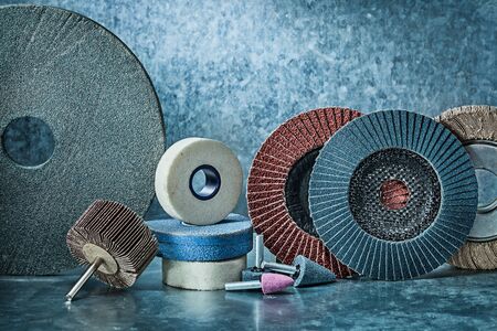 abrasive tools set on metalic backgroundの写真素材