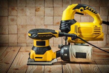 construction woodworking tools on sawmil wood backgroundの写真素材