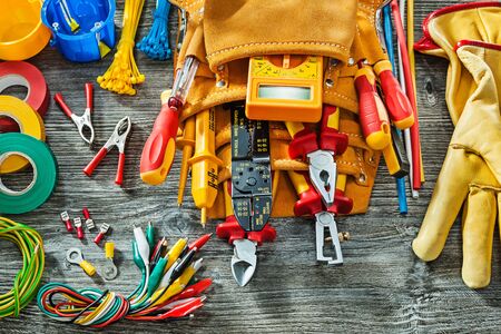 very big set tools of electrical tools on vintage wooden backgroundの写真素材