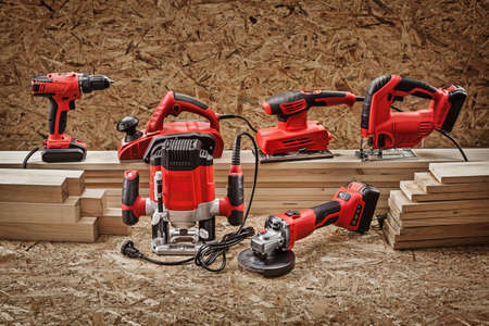 Electrric Hand Tools Set On Background Of Plywood.の写真素材