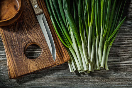 Green Onions Kitchen Knife intage Chopping Wooden Boardの写真素材