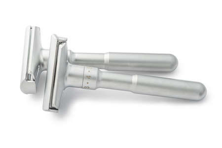 Two Chrome Metal Safety Razors Isolatedの写真素材