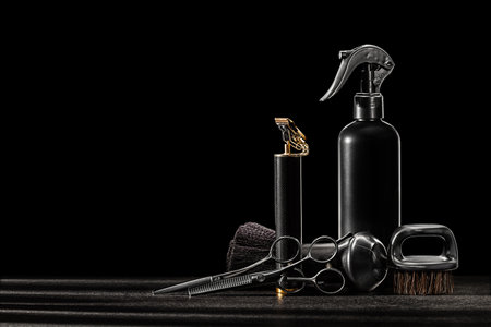 Black Tools Of Barber. Neck Beard Brush Professional Hair Clippers Trimmer Cutting Beard Cordless Barber Shaving Machine Water Sprayer. On Black Backgroundの写真素材