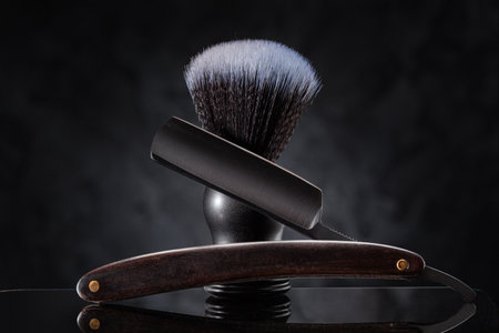 Black Barber Tools. Stright Razor And Classic Shaving Brush On Abstract Background.の写真素材