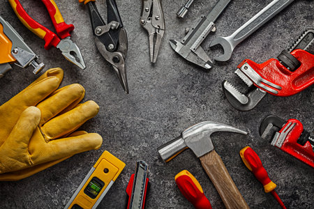 Construction Tools On Dark Background Composed Arround Of Centre Of Image