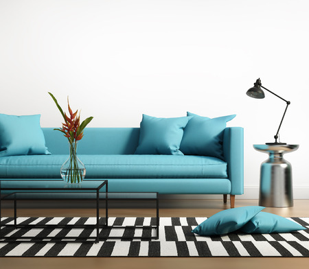 Modern interior with a blue turqoise sofa in the living room