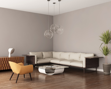 Grey living room with a leather sofaの写真素材