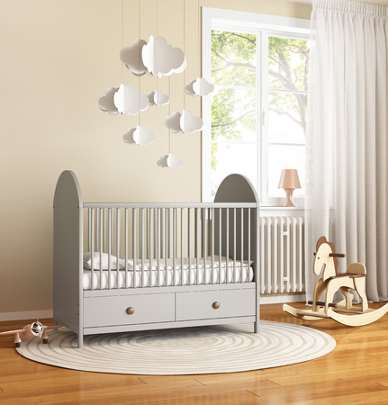 Beige and grey nursery baby room with rugの写真素材